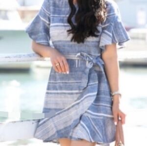 Express Linen Blend Chambray Wrap Dress Short‎ Sleeve Stripes Blue/White Size XS